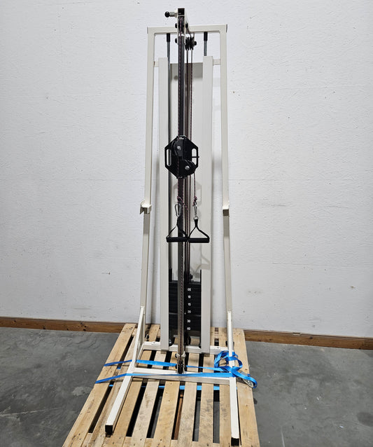 Kabelzug höhenverstellbar, zwei Auszüge, Seilzug, Zugapparat, Hersteller unbekannt, Rahmenfarbe Weiß, Oldschool Bodybuilding, gebraucht - mit Gebrauchsspuren