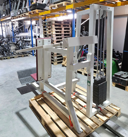 Gym80 Schulterpresse, Shoulder Press, Overhead Press, Oldschool Bodybuilding, Rahmenfarbe Weiß, gebraucht mit Gebrauchsspuren