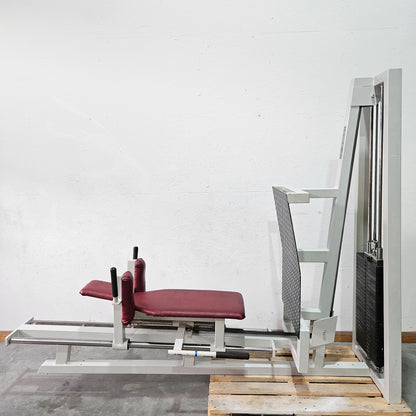 Gym80 Beinpresse liegend, Leg Press lying, 213kg Gewichtsblock, Oldschool Bodybuilding Kraftgerät - Rahmenfarbe Weiß, gebraucht mit Gebrauchsspuren