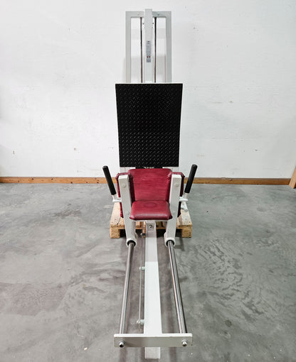 Gym80 Beinpresse liegend, Leg Press lying, 213kg Gewichtsblock, Oldschool Bodybuilding Kraftgerät - Rahmenfarbe Weiß, gebraucht mit Gebrauchsspuren