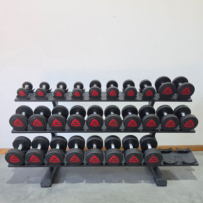 Jordan Kurzhantelsatz aus Urethane 2,5 bis 30kg in 2,5kg Stufen ( 12 Paare ) Material ähnlich Gummi bzw PU Polyurethane, INKLUSIVE Precor Kurzhantelablage, gebraucht - mit Gebrauchsspuren