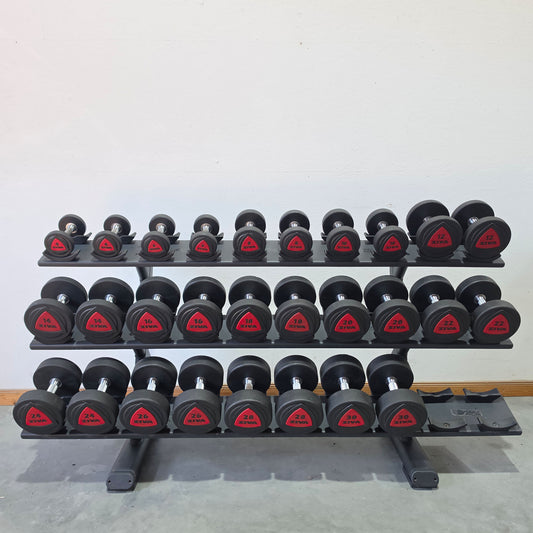 Jordan Kurzhantelsatz aus Urethane 2,5 bis 30kg in 2,5kg Stufen ( 12 Paare ) Material ähnlich Gummi bzw PU Polyurethane, INKLUSIVE Precor Kurzhantelablage, gebraucht - mit Gebrauchsspuren