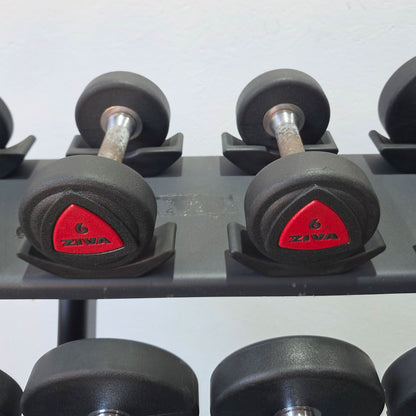 Jordan Kurzhantelsatz aus Urethane 2,5 bis 30kg in 2,5kg Stufen ( 12 Paare ) Material ähnlich Gummi bzw PU Polyurethane, INKLUSIVE Precor Kurzhantelablage, gebraucht - mit Gebrauchsspuren
