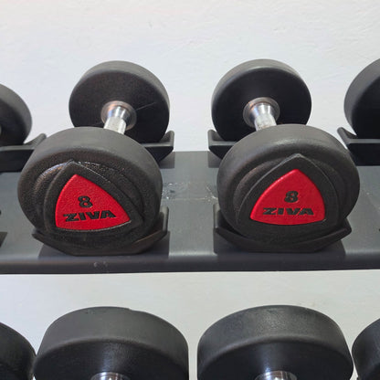 Jordan Kurzhantelsatz aus Urethane 2,5 bis 30kg in 2,5kg Stufen ( 12 Paare ) Material ähnlich Gummi bzw PU Polyurethane, INKLUSIVE Precor Kurzhantelablage, gebraucht - mit Gebrauchsspuren