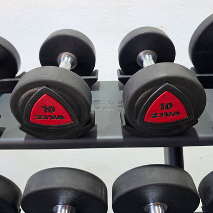 Jordan Kurzhantelsatz aus Urethane 2,5 bis 30kg in 2,5kg Stufen ( 12 Paare ) Material ähnlich Gummi bzw PU Polyurethane, INKLUSIVE Precor Kurzhantelablage, gebraucht - mit Gebrauchsspuren