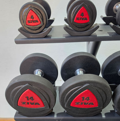 Jordan Kurzhantelsatz aus Urethane 2,5 bis 30kg in 2,5kg Stufen ( 12 Paare ) Material ähnlich Gummi bzw PU Polyurethane, INKLUSIVE Precor Kurzhantelablage, gebraucht - mit Gebrauchsspuren