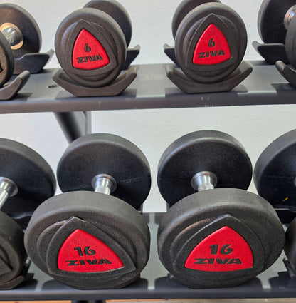 Jordan Kurzhantelsatz aus Urethane 2,5 bis 30kg in 2,5kg Stufen ( 12 Paare ) Material ähnlich Gummi bzw PU Polyurethane, INKLUSIVE Precor Kurzhantelablage, gebraucht - mit Gebrauchsspuren