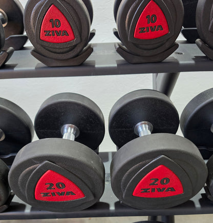 Jordan Kurzhantelsatz aus Urethane 2,5 bis 30kg in 2,5kg Stufen ( 12 Paare ) Material ähnlich Gummi bzw PU Polyurethane, INKLUSIVE Precor Kurzhantelablage, gebraucht - mit Gebrauchsspuren