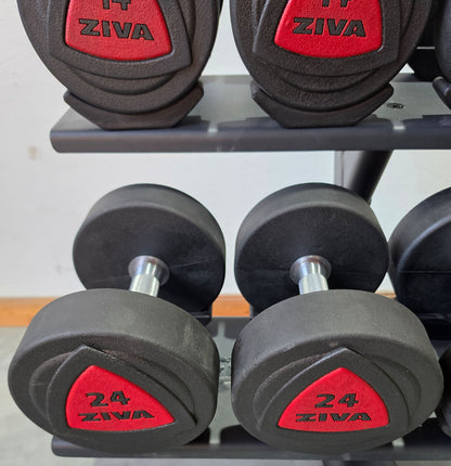 Jordan Kurzhantelsatz aus Urethane 2,5 bis 30kg in 2,5kg Stufen ( 12 Paare ) Material ähnlich Gummi bzw PU Polyurethane, INKLUSIVE Precor Kurzhantelablage, gebraucht - mit Gebrauchsspuren