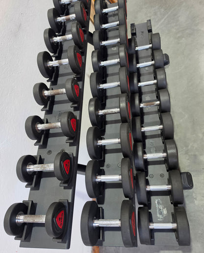 Jordan Kurzhantelsatz aus Urethane 2,5 bis 30kg in 2,5kg Stufen ( 12 Paare ) Material ähnlich Gummi bzw PU Polyurethane, INKLUSIVE Precor Kurzhantelablage, gebraucht - mit Gebrauchsspuren