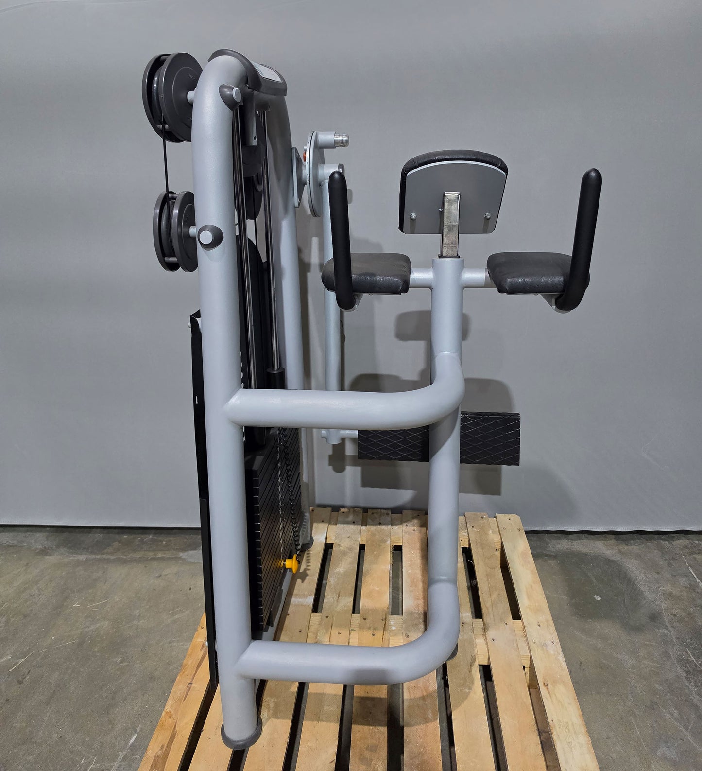 Jimsa Gluteusmaschine, Glutes Kick Radial, Pomaschine stehend, Farbe Silber-Grau, gebraucht - geprüfter Zustand mit Gebrauchsspuren