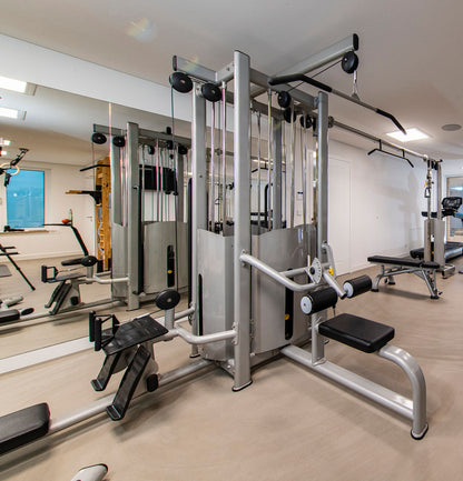DankSport 5 Stationenturm, 5 Stack Multi Station Tower, 1x Latzug, 1x Rudern, 1x Seilzug von Oben, 2x Kabelzug höhenverstellbar = Cable Crossover - 120 und 100kg Gewichtsblöcke - Silber und Schwarz - NEU