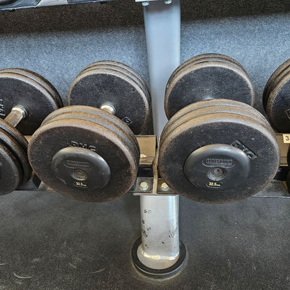 ElbeSport Kurzhantelsatz aus Guss von 2,5 bis 60kg in 2,5kg Stufen ( 24 Paare ) Oldschool, INKLUSIVE Kurzhantelablagen, gebraucht - mit Gebrauchsspuren