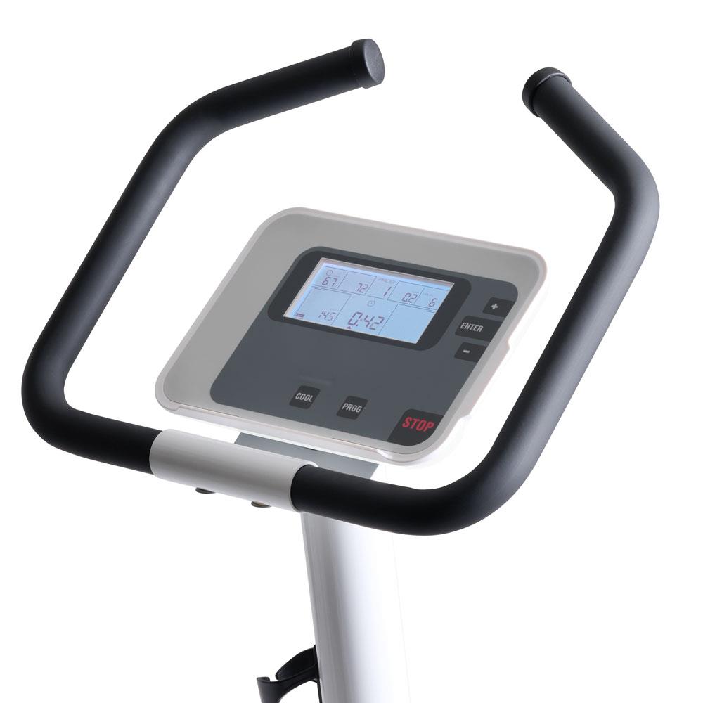 Display und Lenker eines Fitness-Heimtrainers mit Steuerung.