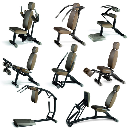 TechnoGym Easy Line Zirkel, 8 Geräte, Gestelle silbergrau, Polster braun, gebraucht