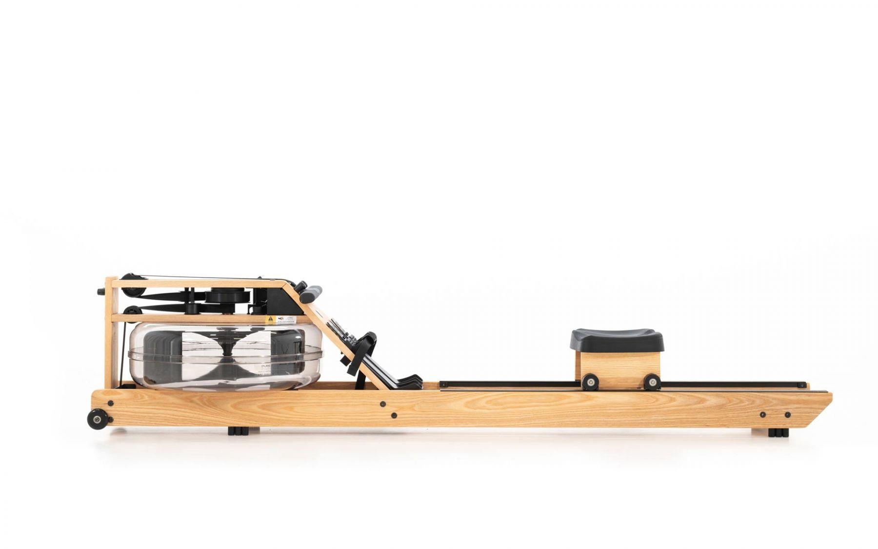 Rudergerät aus Holz mit Wassertank, seitliche Ansicht.