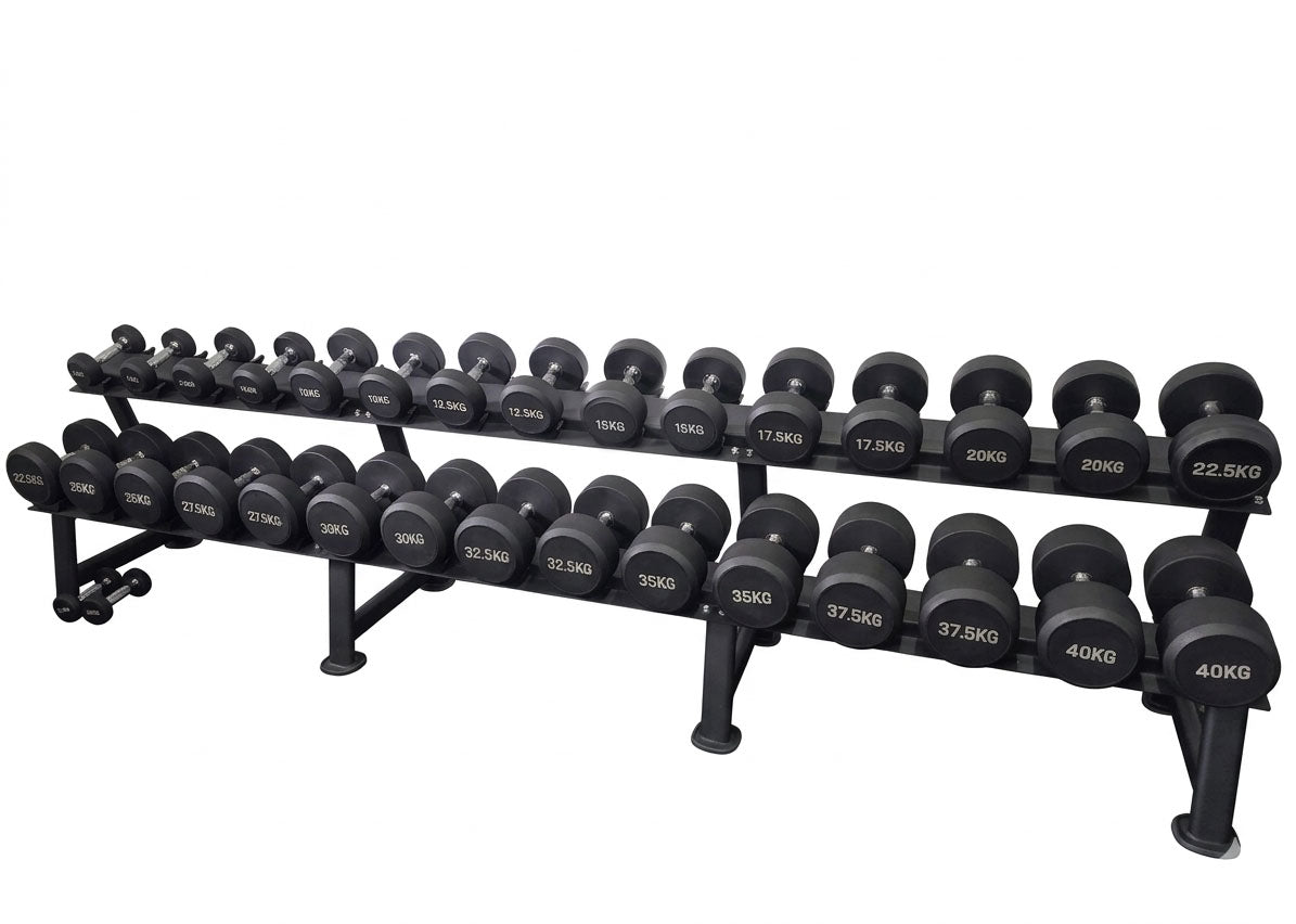 Kurzhantelsatz aus Gummi von 5 bis 50 kg, in 2,5kg Stufen, 19 gummierte Hantelpaare im Set - NEU