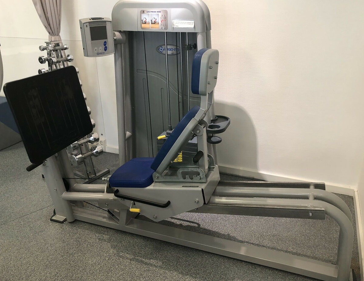 Ergo-Fit leg press, adjustable leg press, 172.5 kg weight block, blue upholstery, used - refurbished condition