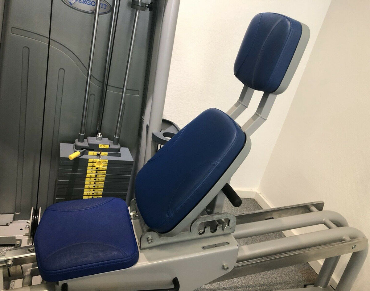 Ergo-Fit leg press, adjustable leg press, 172.5 kg weight block, blue upholstery, used - refurbished condition