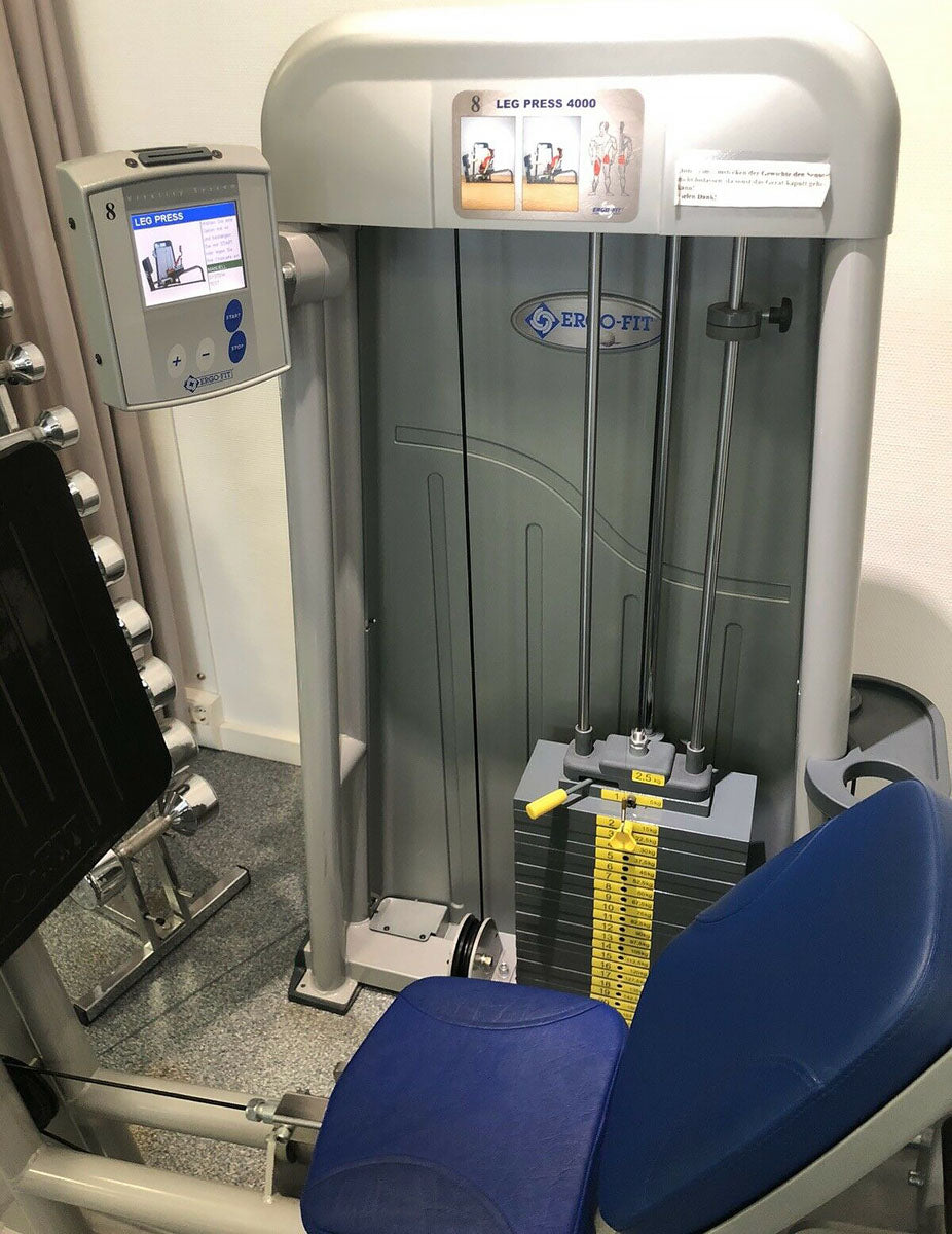 Ergo-Fit leg press, adjustable leg press, 172.5 kg weight block, blue upholstery, used - refurbished condition