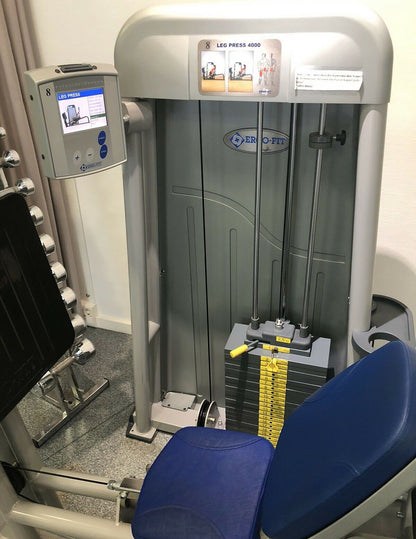 Ergo-Fit leg press, adjustable leg press, 172.5 kg weight block, blue upholstery, used - refurbished condition