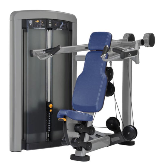 Life Fitness Shoulder Press, Insignia Series, Schulterpresse, Farbe Platinum Silber, Polster Blau, Neuwertig