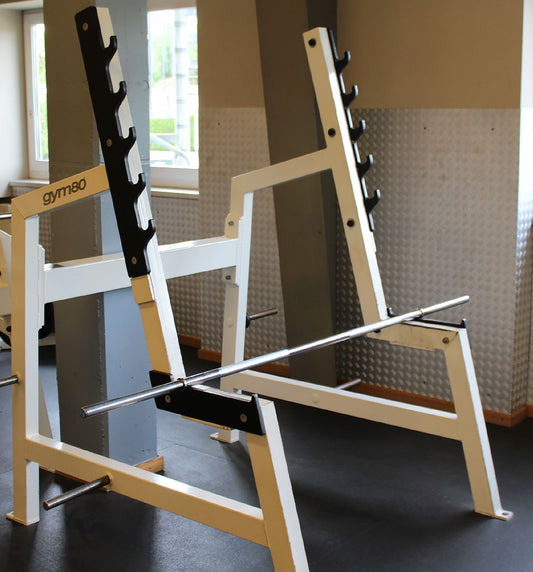 Gym80 Kniebeugeständer, Olympic Squat Rack, Edition Line, Rahmen Weiß, gebraucht - überholter Zustand