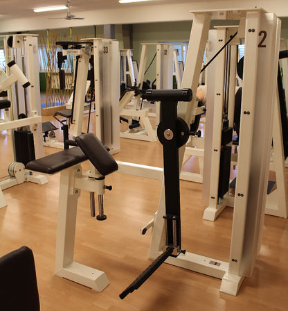 Gym80 standing buttock machine, gluteus machine, glutes kick radial, Edition Line, frame white, upholstery dark brown, used - refurbished condition