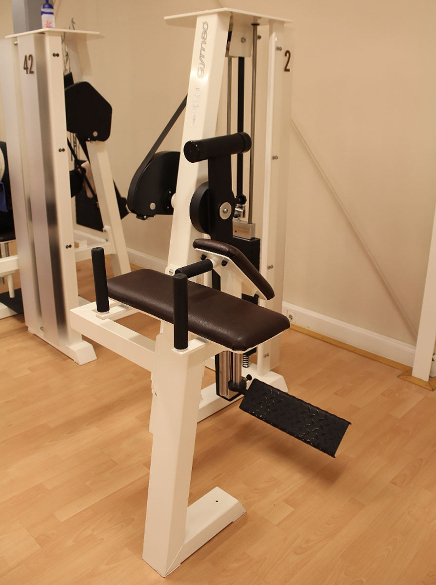 Gym80 standing buttock machine, gluteus machine, glutes kick radial, Edition Line, frame white, upholstery dark brown, used - refurbished condition
