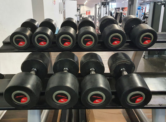Life Fitness dumbbell set, rubberized, 2 kg to 40 kg in 2 kg and 2.5 kg increments, used