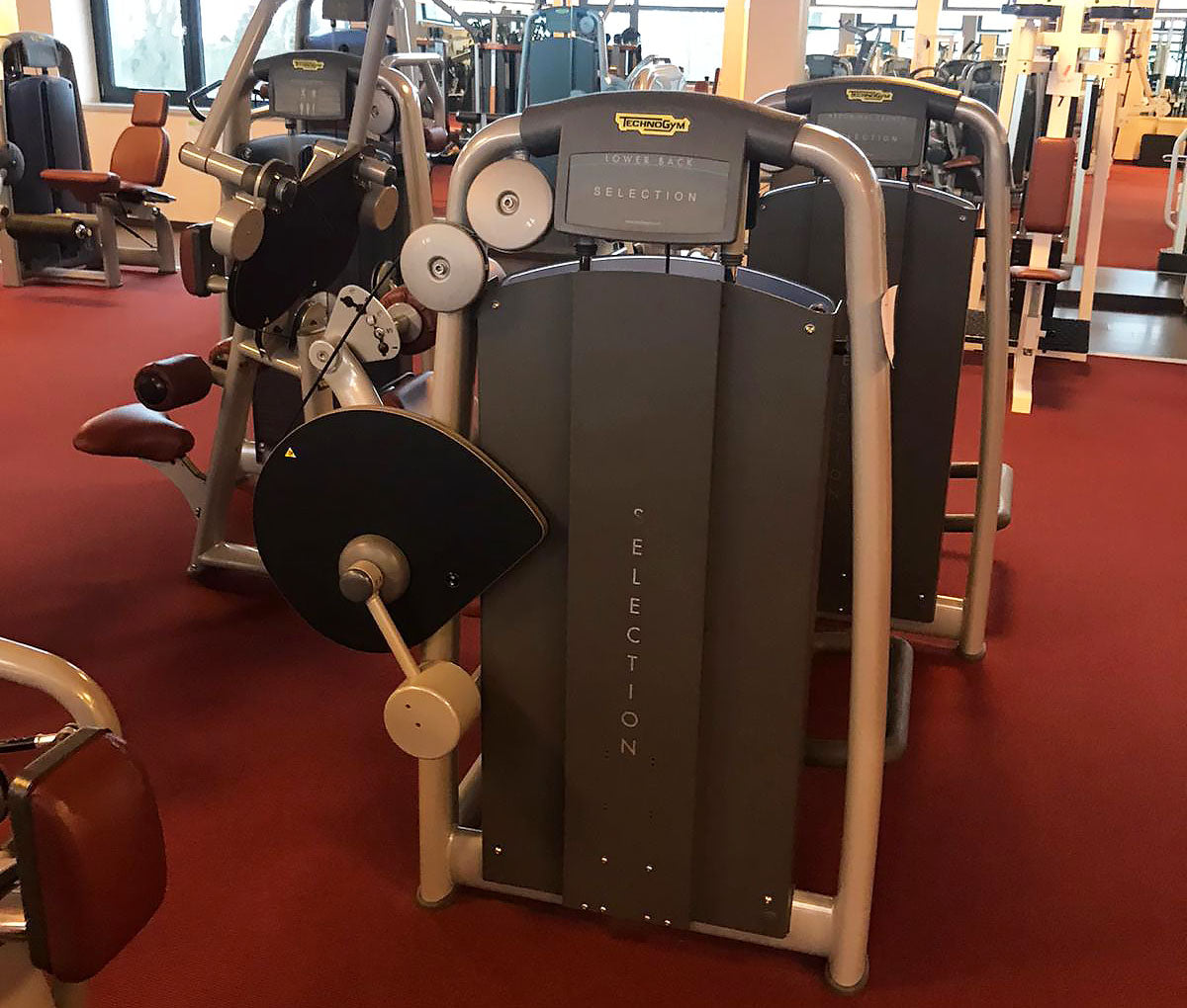 TechnoGym Back Extension, back extension machine, hyperextension, Selection Line - New model with plastic cover, brown upholstery, used - refurbished condition
