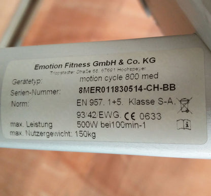 Emotion Fitness Motion Cycle 800 med, mit Testpaket, IPN-Lizenz, Ergometer, gebraucht - überholter Zustand