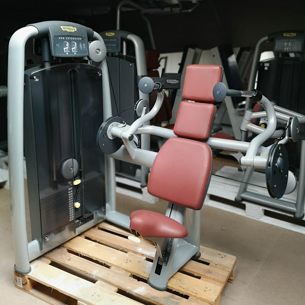 TechnoGym Triceps Machine, Arm Extension, Selection Line - New model with plastic cover, brown upholstery, used - refurbished condition