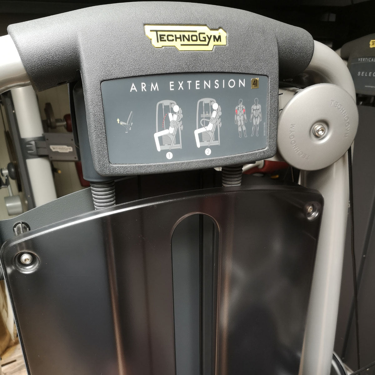 TechnoGym Triceps Machine, Arm Extension, Selection Line - New model with plastic cover, brown upholstery, used - refurbished condition