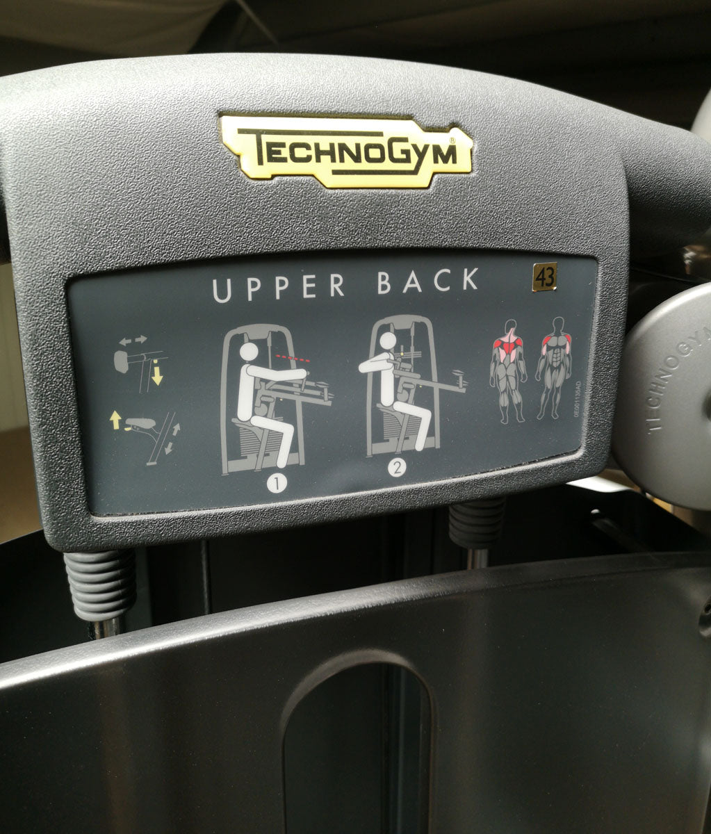 TechnoGym Upper Back, Rowing Row, Lat Isolator, Selection Line - New model with plastic cover, brown upholstery, used - refurbished condition