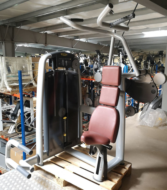 TechnoGym Lat Pulldown, Vertical Traction, Pulldown, Selection Line - New model with plastic cover, brown upholstery, used - refurbished condition