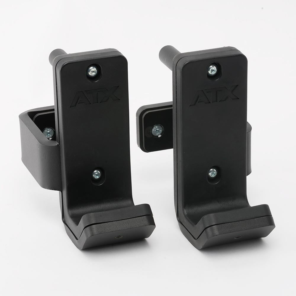 Zwei schwarze ATX J-Haken für Fitnessgeräte.