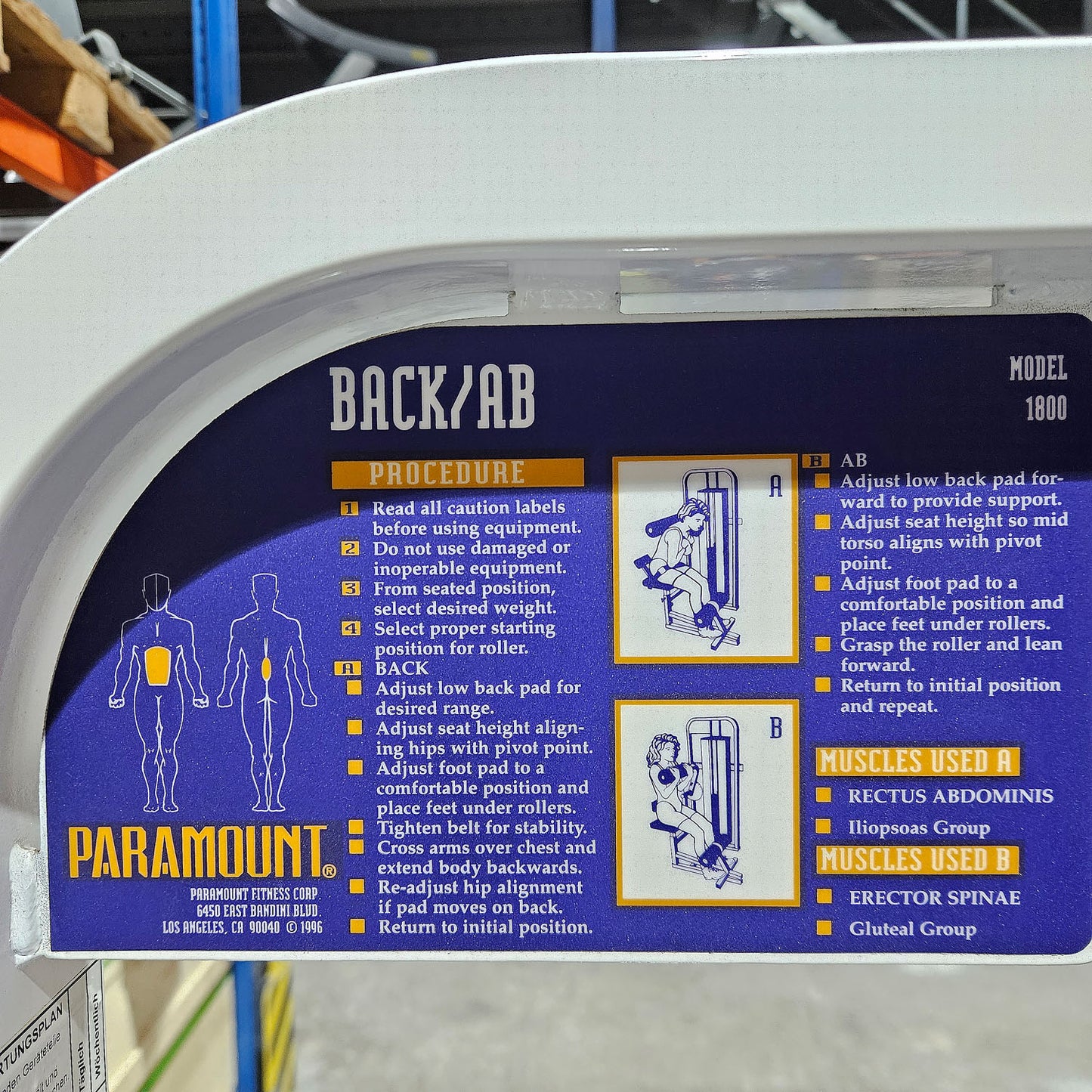 Paramount Back-Ab Model 1800 - Abdominal machine and back extension 2 in 1 combination machine, Lower back and Abdominal, Made in USA, Color White, Used - Tested Condition