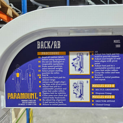 Paramount Back-Ab Model 1800 - Abdominal machine and back extension 2 in 1 combination machine, Lower back and Abdominal, Made in USA, Color White, Used - Tested Condition