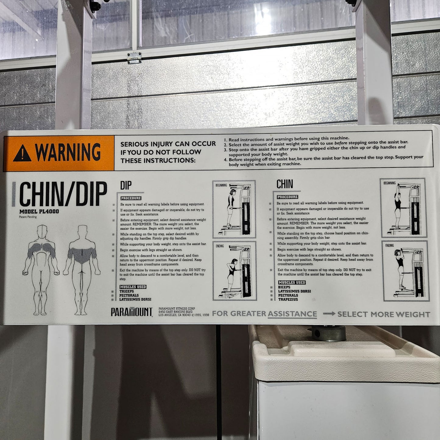 Paramount Chin-Dip Model PL4000 - Dip pull-up machine with weight support, Made in USA, used - tested condition