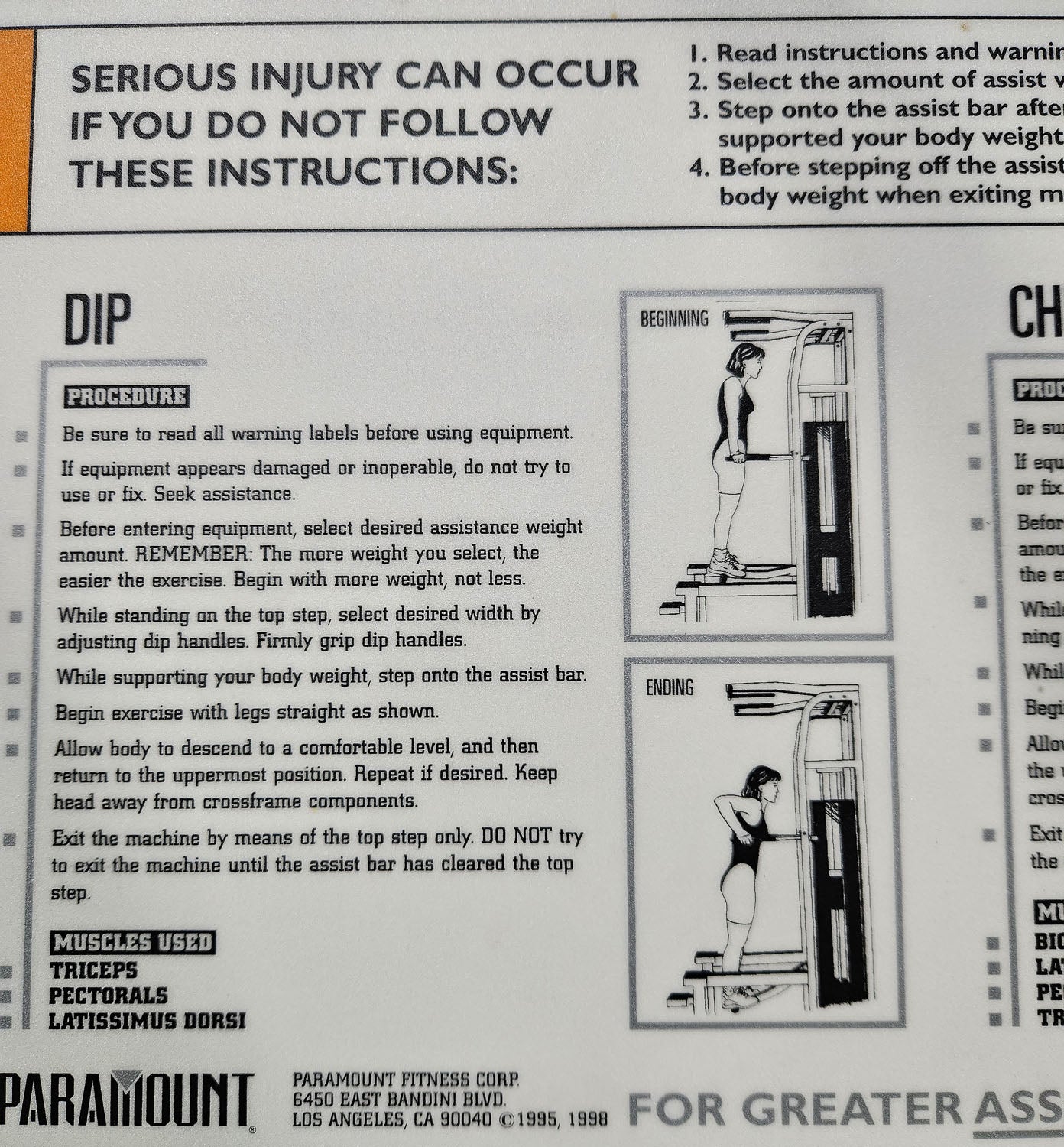 Paramount Chin-Dip Model PL4000 - Dip pull-up machine with weight support, Made in USA, used - tested condition