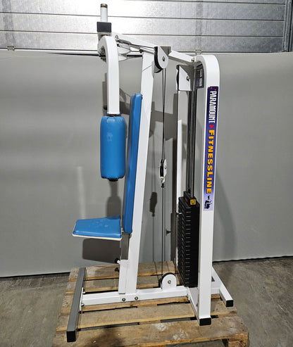 Paramount Vertical Butterfly Model 900 - Pectoral Fly, Pec Fly, Made in USA, Color White, Upholstery Blue, Used - Tested Condition