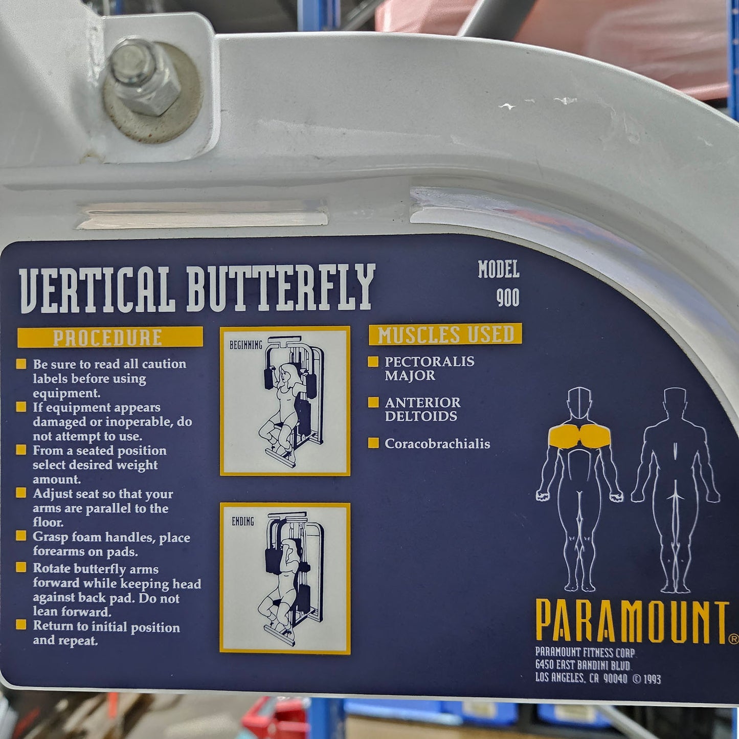 Paramount Vertical Butterfly Model 900 - Pectoral Fly, Pec Fly, Made in USA, Color White, Upholstery Blue, Used - Tested Condition