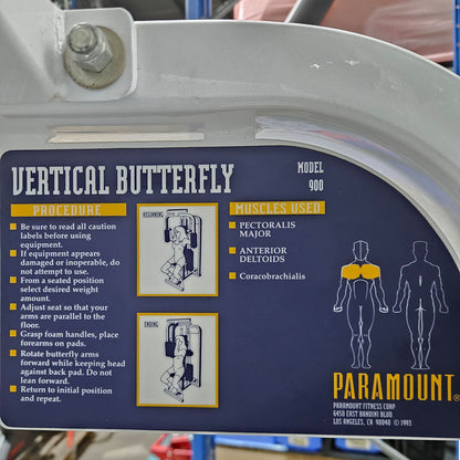 Paramount Vertical Butterfly Model 900 - Pectoral Fly, Pec Fly, Made in USA, Color White, Upholstery Blue, Used - Tested Condition