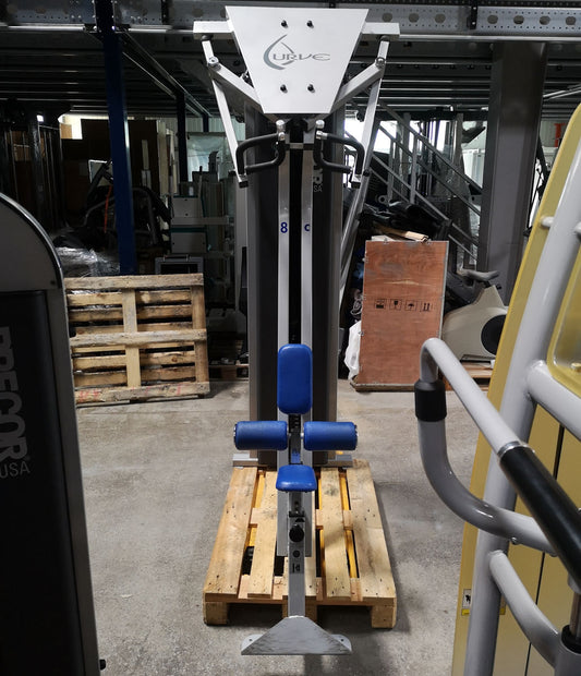 Precor Lat Pulldown Curve dual, 105kg weight stack, frame color silver, upholstery color blue, used - refurbished condition