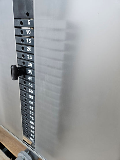 Proxowell or Proxomed back flexion, abdominal machine, back curl, abdominal crunch, 100kg weight block, Compass or C-Well series, frame color silver, used - refurbished condition