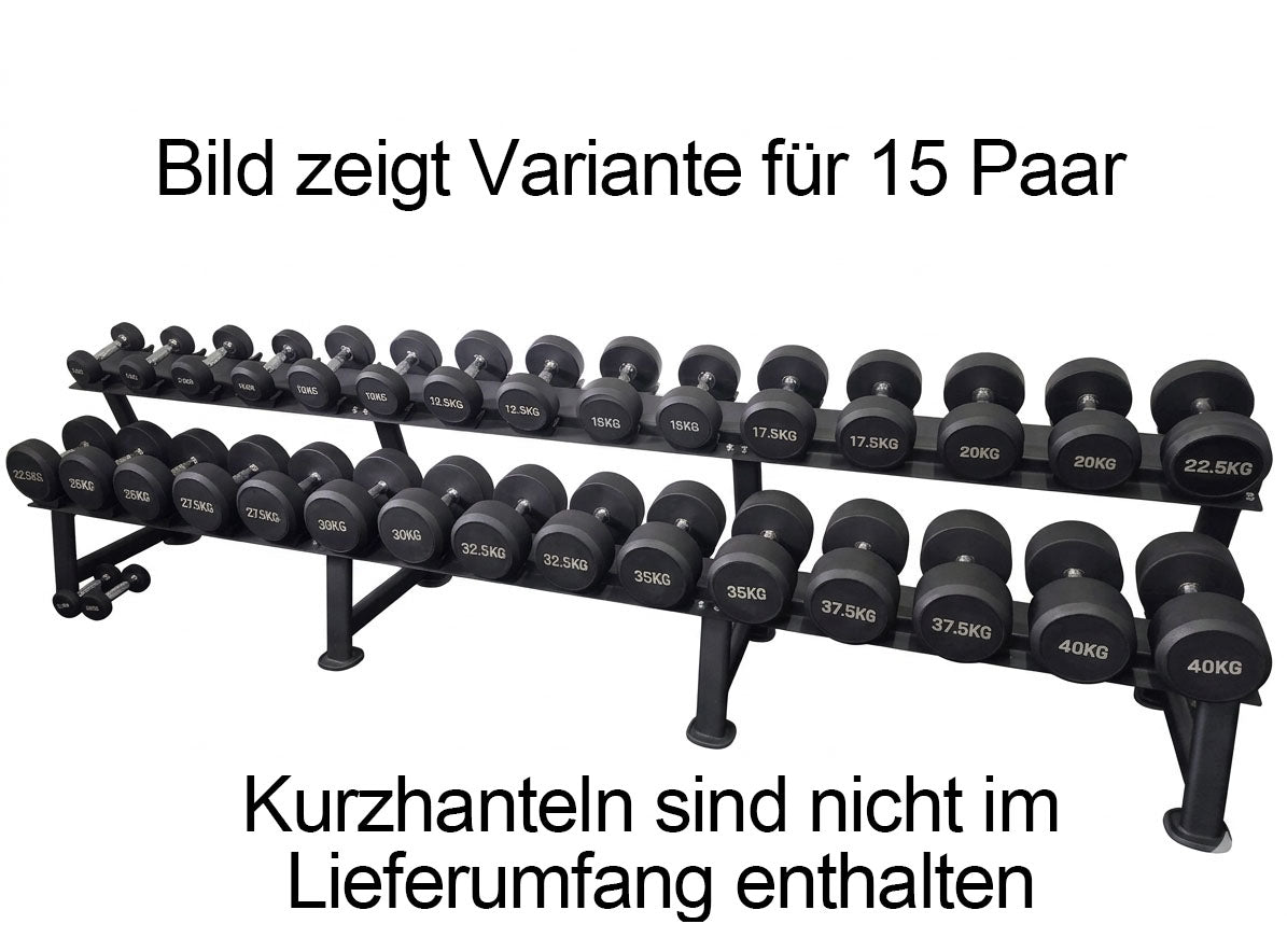 Ablage für Kurzhantelsätze, 2 Reihig für 10 Paare, Ständer / Regal für Hanteln, mit Ablageschalen, DankSport, Farbe Schwarz - NEU