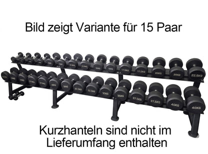 Ablage für Kurzhantelsätze, 2 Reihig für 20 Paare, Ständer / Regal für Hanteln, mit Ablageschalen, DankSport, Farbe Schwarz - NEU