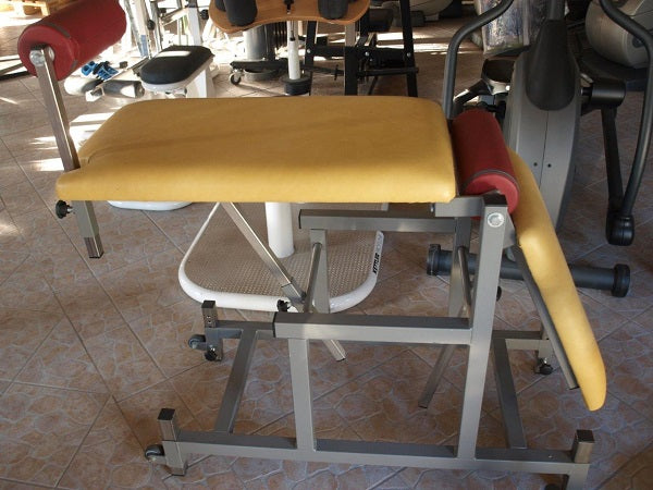 Dynamed Reha basic equipment, used, silver frame, 2-tone yellow/red upholstery