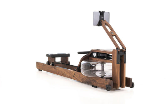 Rudergerät aus Holz mit Wasserwiderstand und Tablet-Halterung.